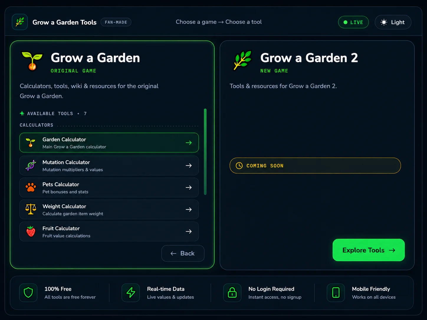 Grow a Garden Calculator dashboard overview