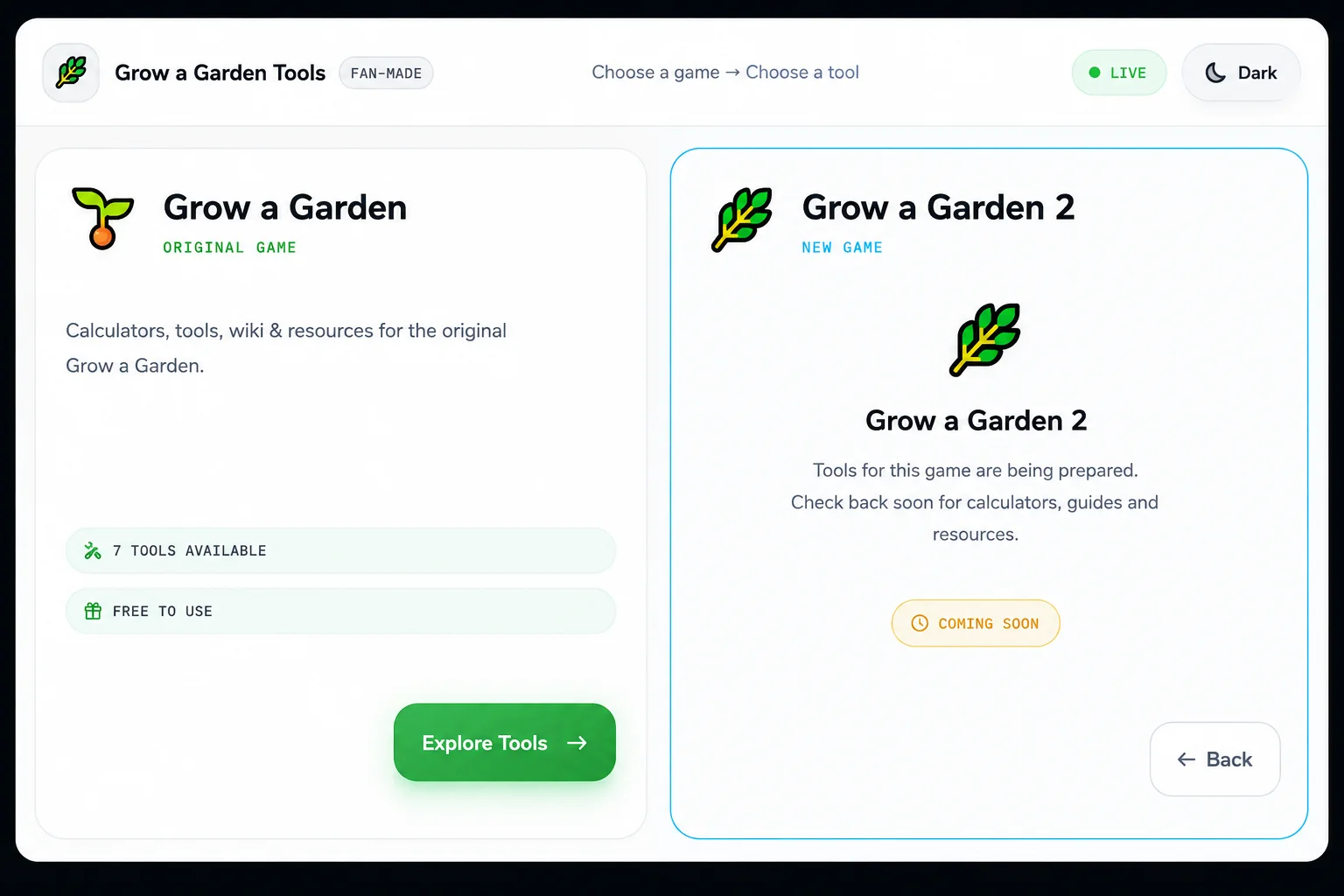 Grow a Garden Calculator game selection screen