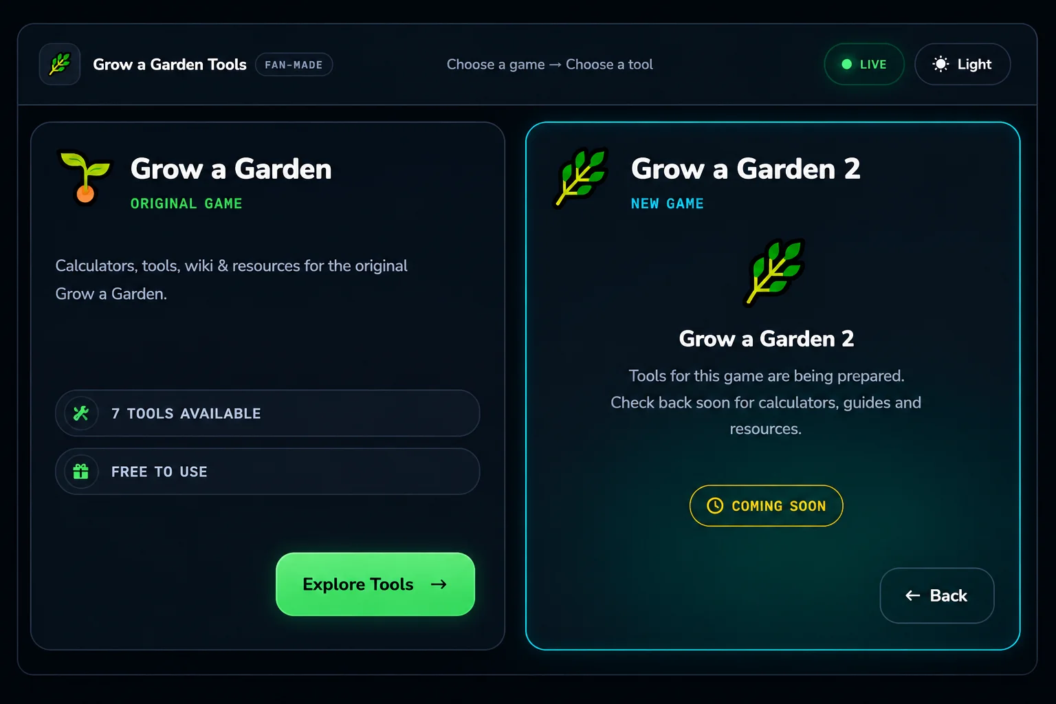 Grow a Garden Calculator tool selection screen