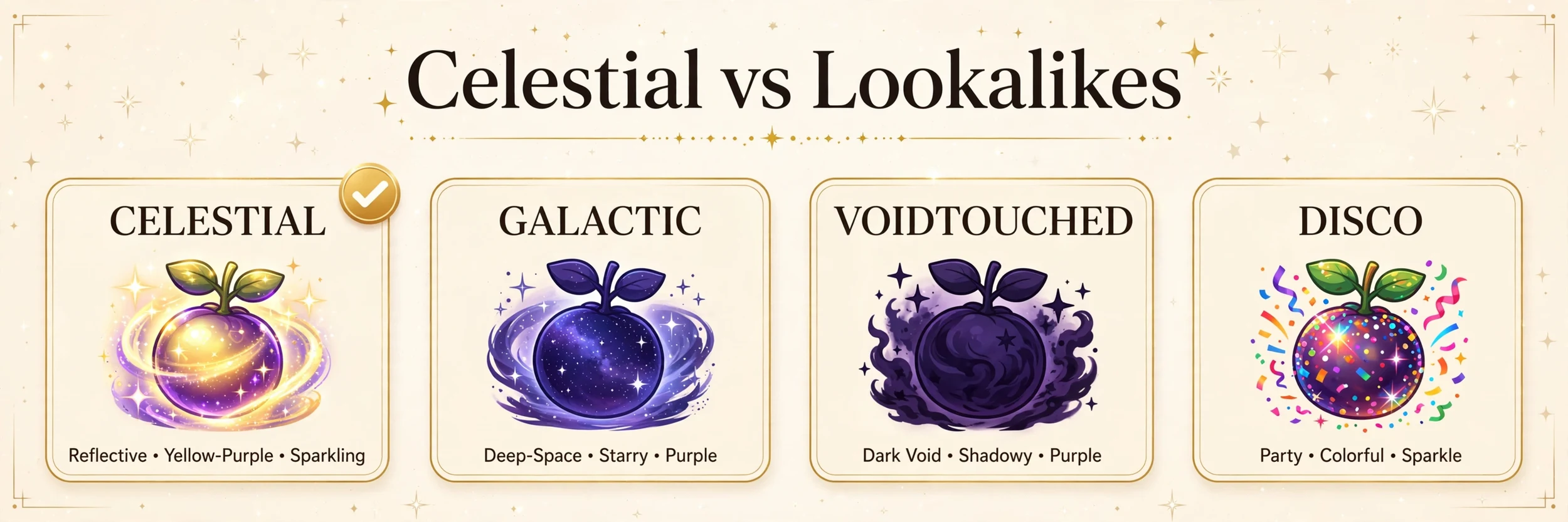 Celestial mutation versus lookalike mutations: Galactic, Voidtouched, and Disco compared visually