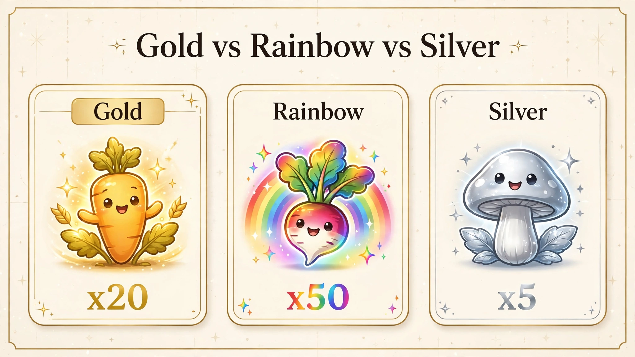Gold versus Rainbow versus Silver growth variants in Grow a Garden compared