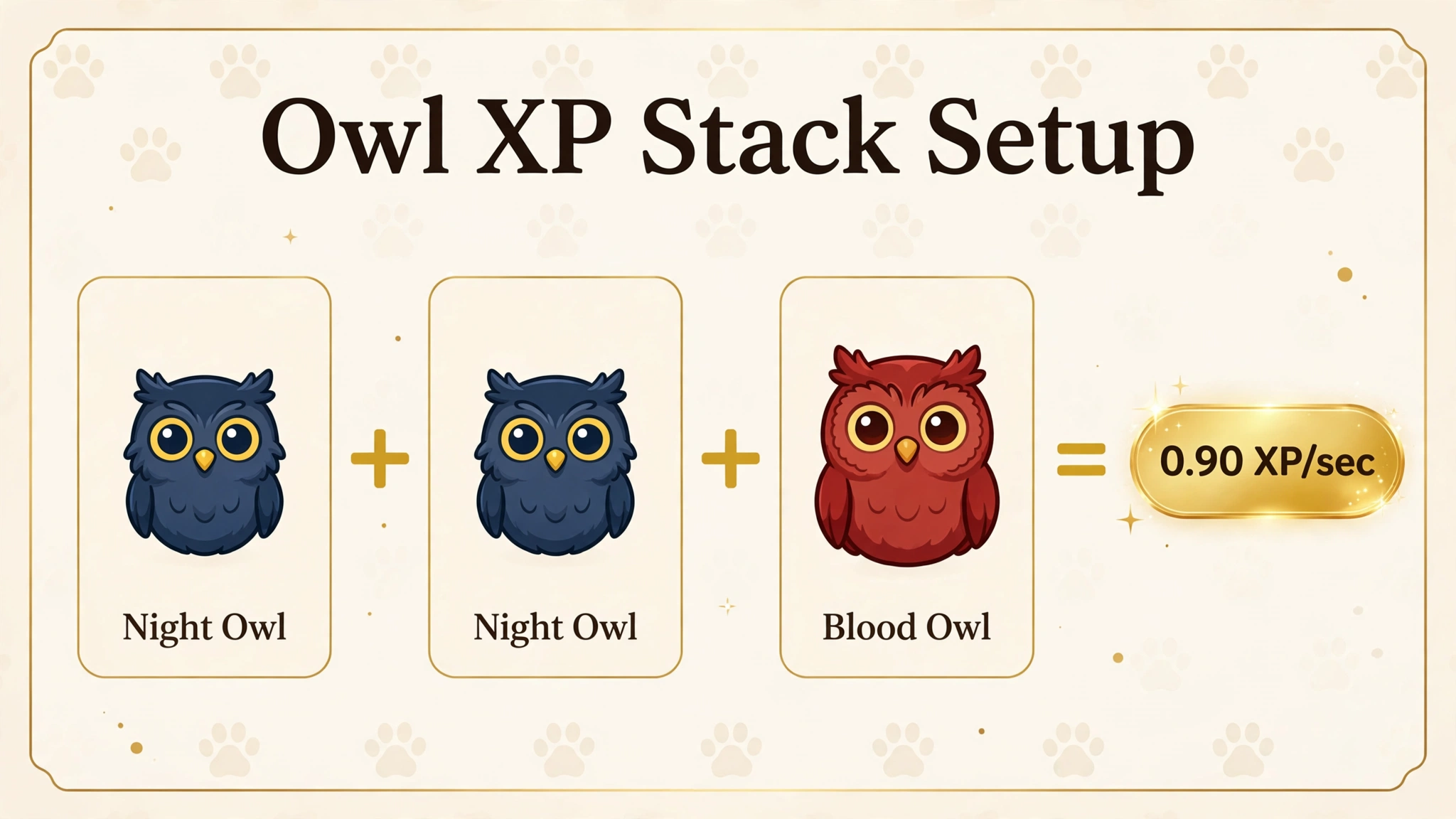 Owl XP stacking setup in Grow a Garden: Night Owl and Blood Owl combined rates