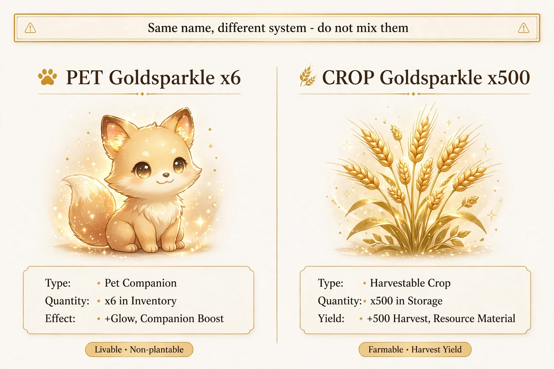 Pet Goldsparkle ×6 versus crop Goldsparkle ×500 in Grow a Garden — same name, different systems